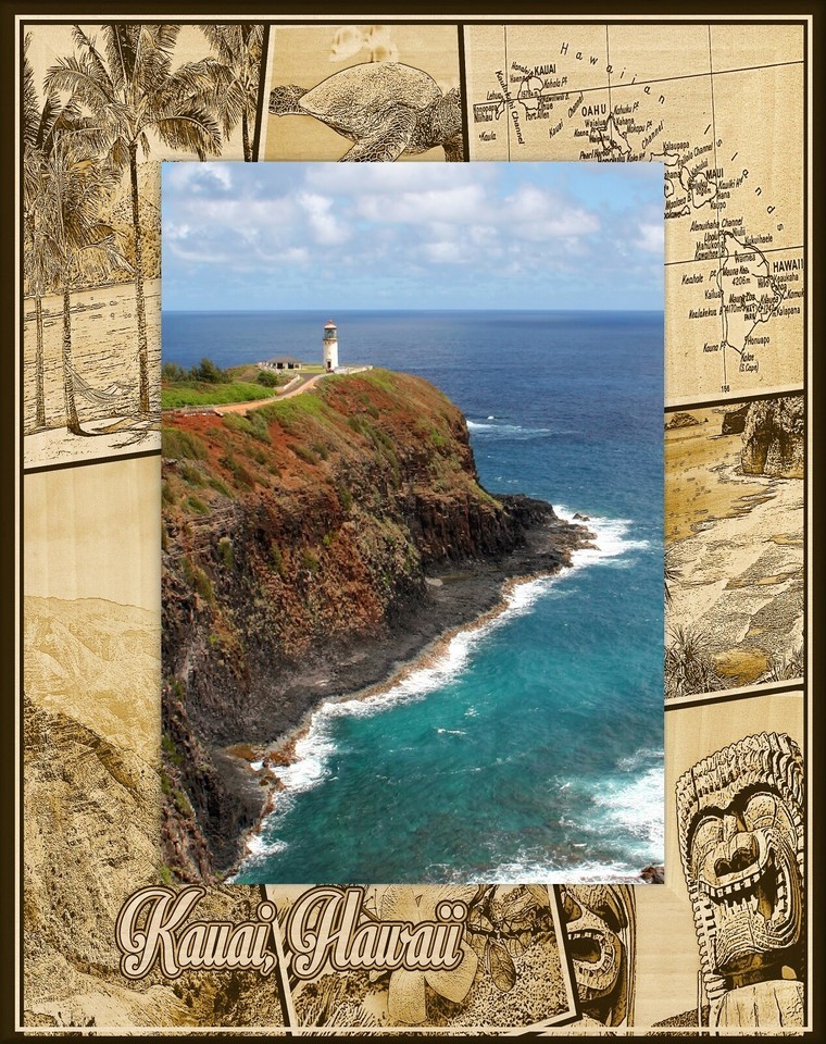 Kauai Hawaii Montage Laser Engraved Wood Picture Frame Portrait (5 x 7) - $30.99