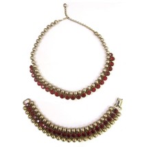 Vintage WEISS  Ruby red Rhinestone Gold Bracelet and Collar Necklace Set - $68.31