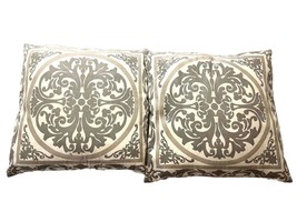 Pair 2 Vintage Beige Cream Gray Ornate Square Decorative Throw Accent Pillows - £19.66 GBP
