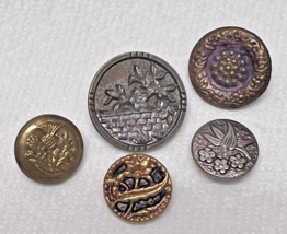 5 Antique Round Metal Picture Buttons Flowers on Wall Flower Burst Thistle - $304.57 MXN