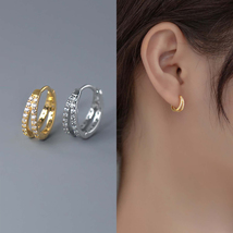 Pave Gold &amp; Silver Double Hoop Earrings Small Huggie Hoop Earrings Fine ... - £10.39 GBP