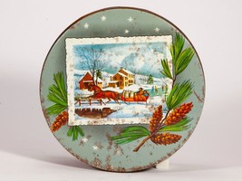Vintage Round Metal Winter Scene Tin - Horse with Sleigh in Snow - £11.21 GBP