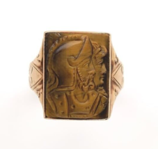 10k Gold Genuine Natural Tiger&#39;s Eye Men&#39;s Double Warrior Cameo Ring (#J6220) - £410.71 GBP