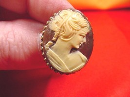 (CHAT-S90-1) Lady curls hair in pony brown oval CAMEO hatpin Pin pins JE... - $28.97