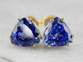 4Ct Trillion Cut Blue Tanzanite Solitaire Stud Earrings 14k Yellow Gold Finish - £73.41 GBP