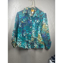 Ruby Rd Woman’s Lightweight Jacket Tropical 3/4 tab Sleeves Teal Gold Si... - $21.95