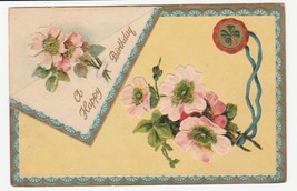 Vintage Postcard Birthday Pink Dogwood Flowers Shamrock Gold Border - £5.34 GBP