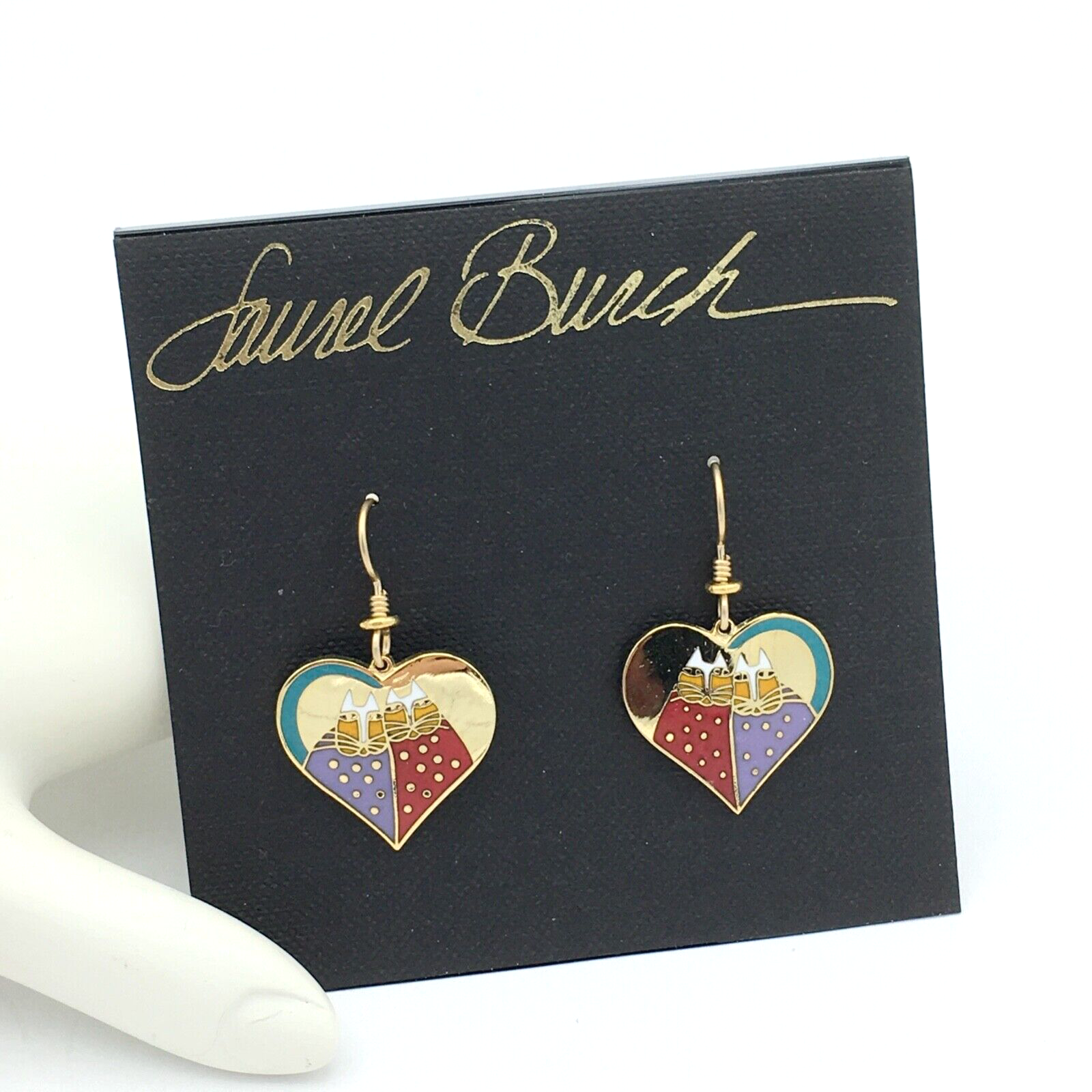 LAUREL BURCH Sweet Hearts cat earrings - NOS 2005 gold-tone enamel drop dangle - $40.00