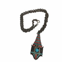Vintage Pendant Necklace Statement Pagoda Egyptian Revival chunky chain - £15.00 GBP