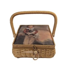 Wicker Vtg Sewing Basket Boy His Dog Victorian Decor Lid Handle Satin Inside 8&quot; - £12.66 GBP