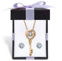 Cz Stud Earrings Heart Key Necklace Gp Set 14K Gold Sterling Silver - £160.84 GBP