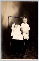 RPPC Big Sister With Baby In Stroller Portrait Thompson Salem IA Postcard U30 - £7.15 GBP