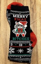 Merry Christmas Xmas Bitches Gray Cat Kitten Long Black Red Green Socks One Size - £5.55 GBP
