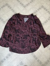 Loft blouse large Maroon with Black Floral Print Long Slv Rayon Front Kn... - $25.06