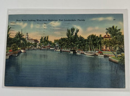 Postcard Ft. Lauderdale FL New River Looking West from Highway Linen 1944 - £3.16 GBP