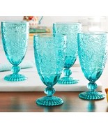 Four (4) Pioneer Woman ~ AMELIA ~ 16 Ounce ~ Embossed Glass ~ TEAL Goblet - $48.00