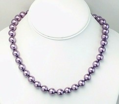 Hand Knotted Purple 10mm Glass Pearl Single Strand Necklace 17&quot; - £15.80 GBP