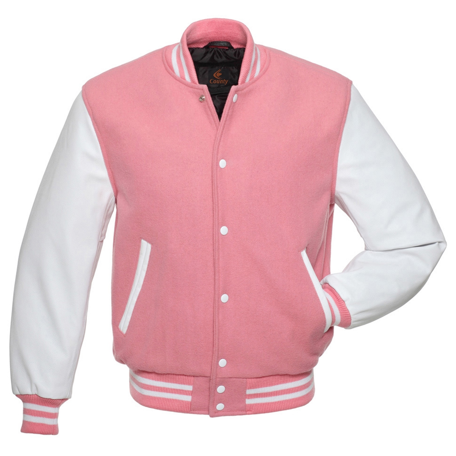 Letterman Jacket Varsity Jacket Pink Body & White Leather Sleeves