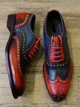 Men&#39;s Handmade Leather Patina Red and Black Wingtip Oxfords lace up shoes - £137.10 GBP