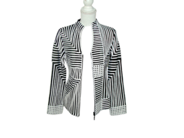 T&amp;W Designs Zip Up Jacket Blazer Blouse Black White Art Deco Mesh Stripe... - £18.14 GBP
