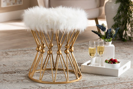 Jaclyn White Faux Fur Upholstered Gold Finished Metal Ottoman - $2,665.48 MXN