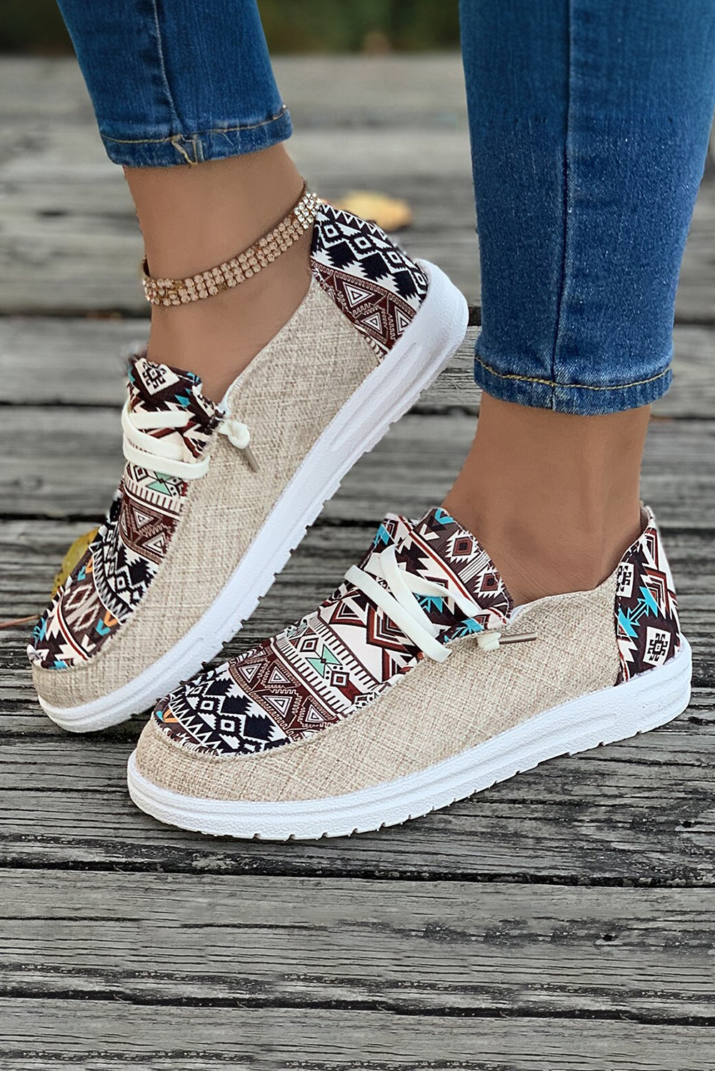 Brown Vintage Aztec Patchwork Lace-up Decor Flat Shoes Item image 2