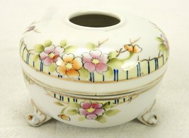 Porcelain Hair Receiver, Vanity Jar, 3 Feet, Hand Painted Floral, Vintag... - $29.35
