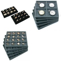 Gray Flocked Jewelry Tray Inserts 4 Slot &amp; 16 Slot W/ Velvet Ring Pad Kit 12 Pcs - £24.35 GBP
