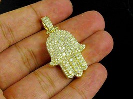 2.00 CT Round Diamond Hamsa Hand Pendant Charm 14K Yellow Gold Plated Silver - £142.43 GBP