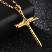 Men&#39;s Gold Christ Jesus Nail Cross Pendant Necklace Catholic Jewelry Chain 24&quot; - £9.48 GBP