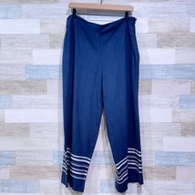 ECRU Linen Wide Leg Crop Pants Navy Blue White Stripe Hem Casual Womens ... - $39.59