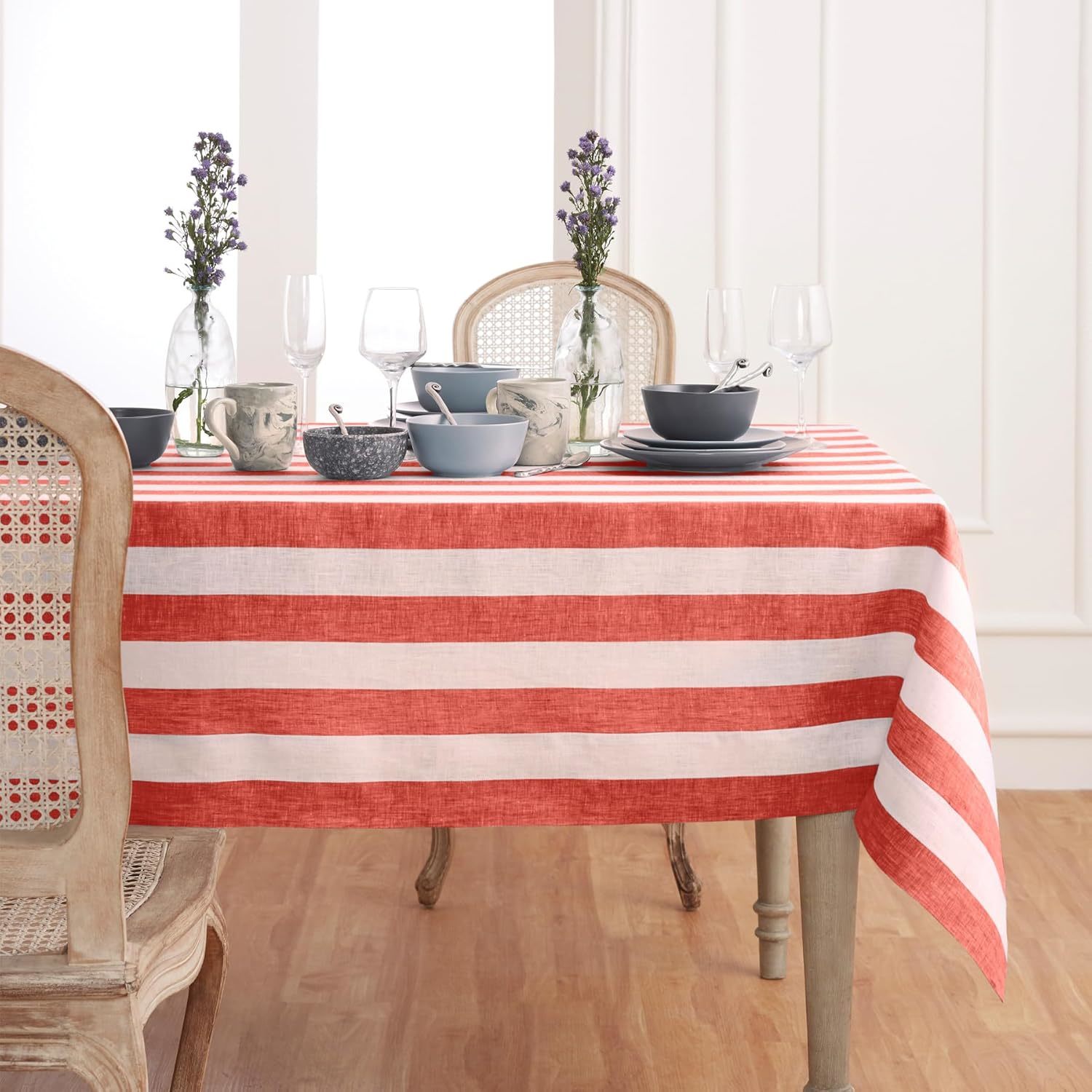 Linen Tablecloth 90" L X 60" W Inch  100% Pure Linen Red And White Christmas Tab