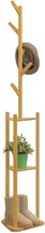 Monibloom Coat Stand With Shelves, Bamboo 3-Tier Hall Tree Storage, Natural - £37.91 GBP
