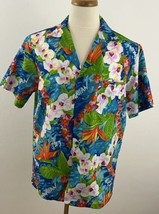 Vintage Hilo Hattie Men&#39;s L Hawaiian Shirt Orchid Floral Bird of Paradise - £13.45 GBP