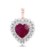 Natural Heart Ruby &amp; Round Diamond Double Halo Pendant Charm 14k Rose Gold - £1,938.09 GBP