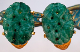 Jade Hardstone Sculpted Flower Design Earrings Marvella Clip on - £36.62 GBP