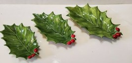  Vintage Holland Mold Ceramic Holly Leaf Nesting Trinket Trays Set Of 3 - $27.71