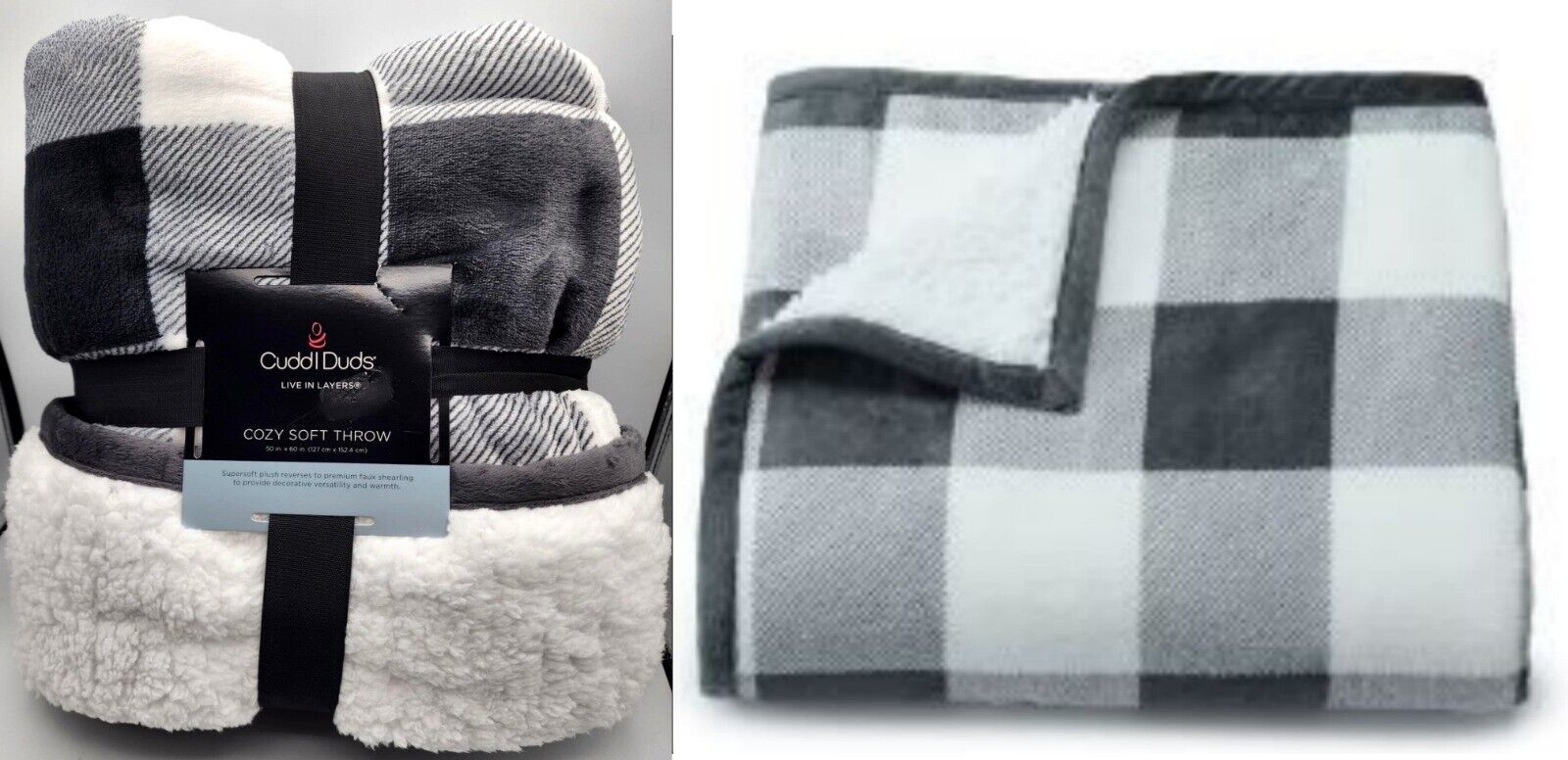 $50 Cuddl Duds Cozy Fleece Sherpa Throw Blanket-Black White Gray Buffalo Check - $34.97