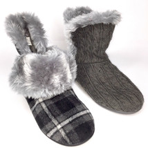Vionic Slipper Booties Faux Fur Cozy Boots Plaid Gray Black Cable Kari Orthaheel - £49.82 GBP+
