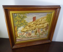 Vintage Wood Framed Needlepoint Art English Cottage Thatched Roof Flower... - €82,20 EUR