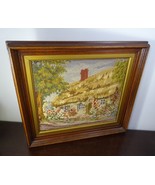 Vintage Wood Framed Needlepoint Art English Cottage Thatched Roof Flower... - $96.00