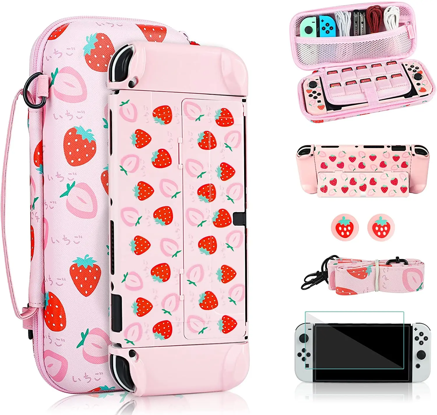 NS Oled Accessories Kit Hard Storage Case Pink Protective Shell Strawberry Cover - £22.69 GBP+