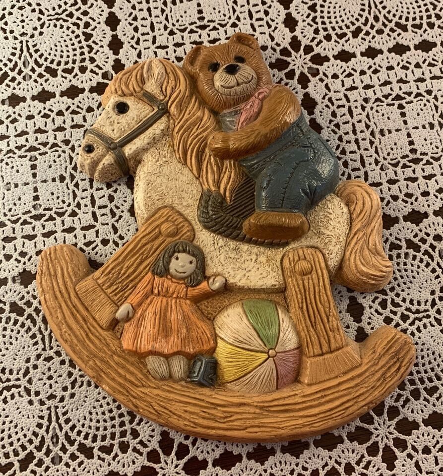 Primary image for Homco Home Interiors Teddy Bear Rocking Horse 8 Inch Plaque #1127 Vintage 1986