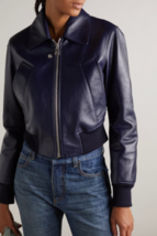 Giacca bomber da donna in pelle blu navy Pura pelle di agnello taglia SML XL XXL - £116.42 GBP