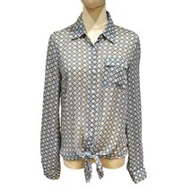 Zac Rachel Blouse Size S Tie Front Yellow Blue Dots Roll Tab Sleeves Button Up - £6.83 GBP