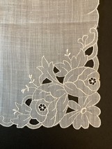 Vintage Floral Embroidered and Cutout 11” White HANKY Hankie Handkerchief - $12.86