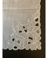 Vintage Floral Embroidered and Cutout 11” White HANKY Hankie Handkerchief - £10.11 GBP