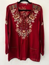 JOHNNY WAS JWLA Red Embroidered Floral Tunic Top Blouse Pockets Size Small - $120.89