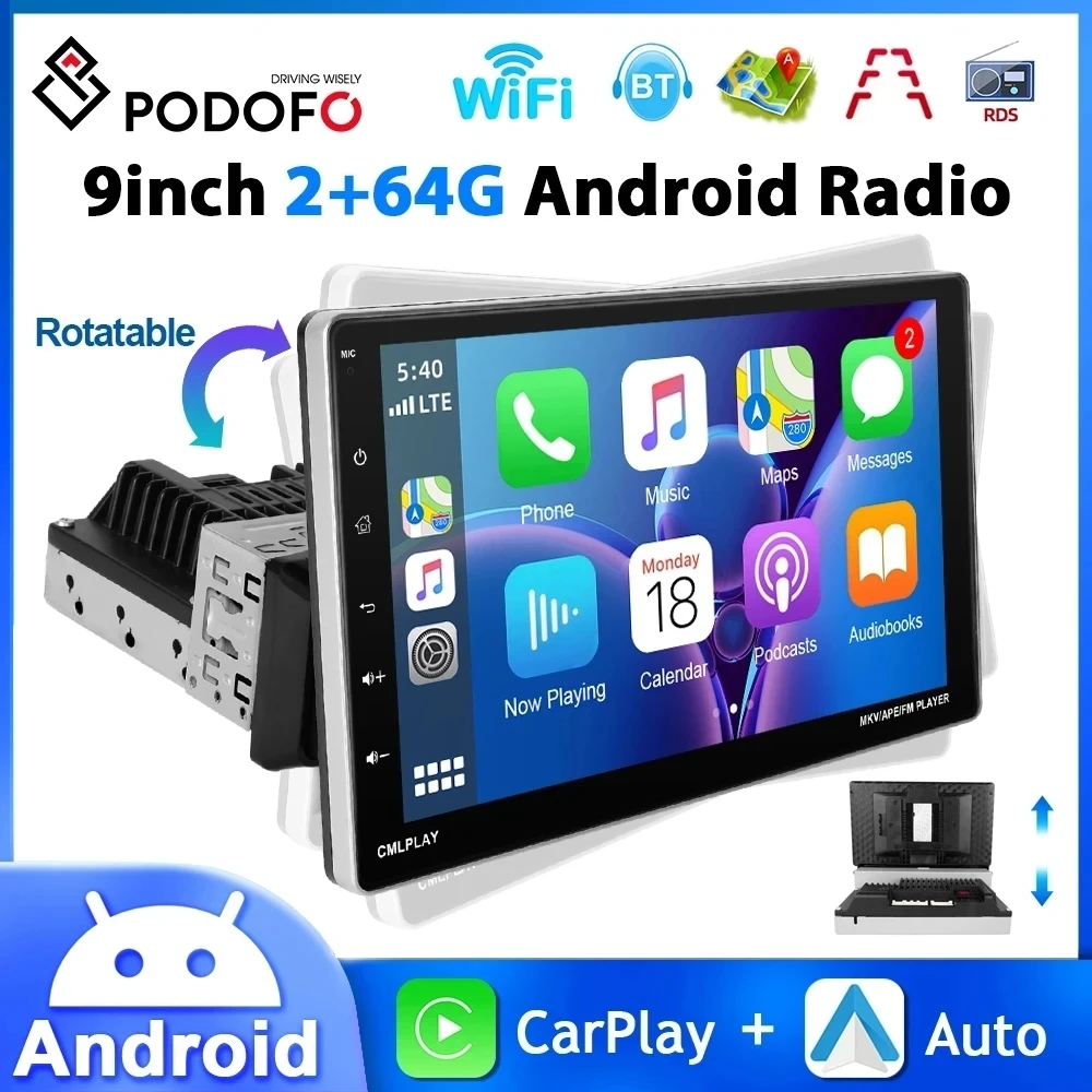 Podofo 1Din Android Car Radio 9&#39;&#39; 2+64G Automotive Multimedia Carplay Android - £72.54 GBP+