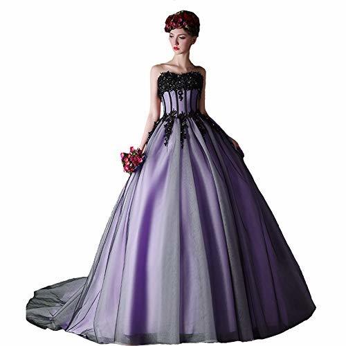 Kivary Black Tulle Beaded Lace Long Formal Gothic Prom Wedding Dress Lavender US